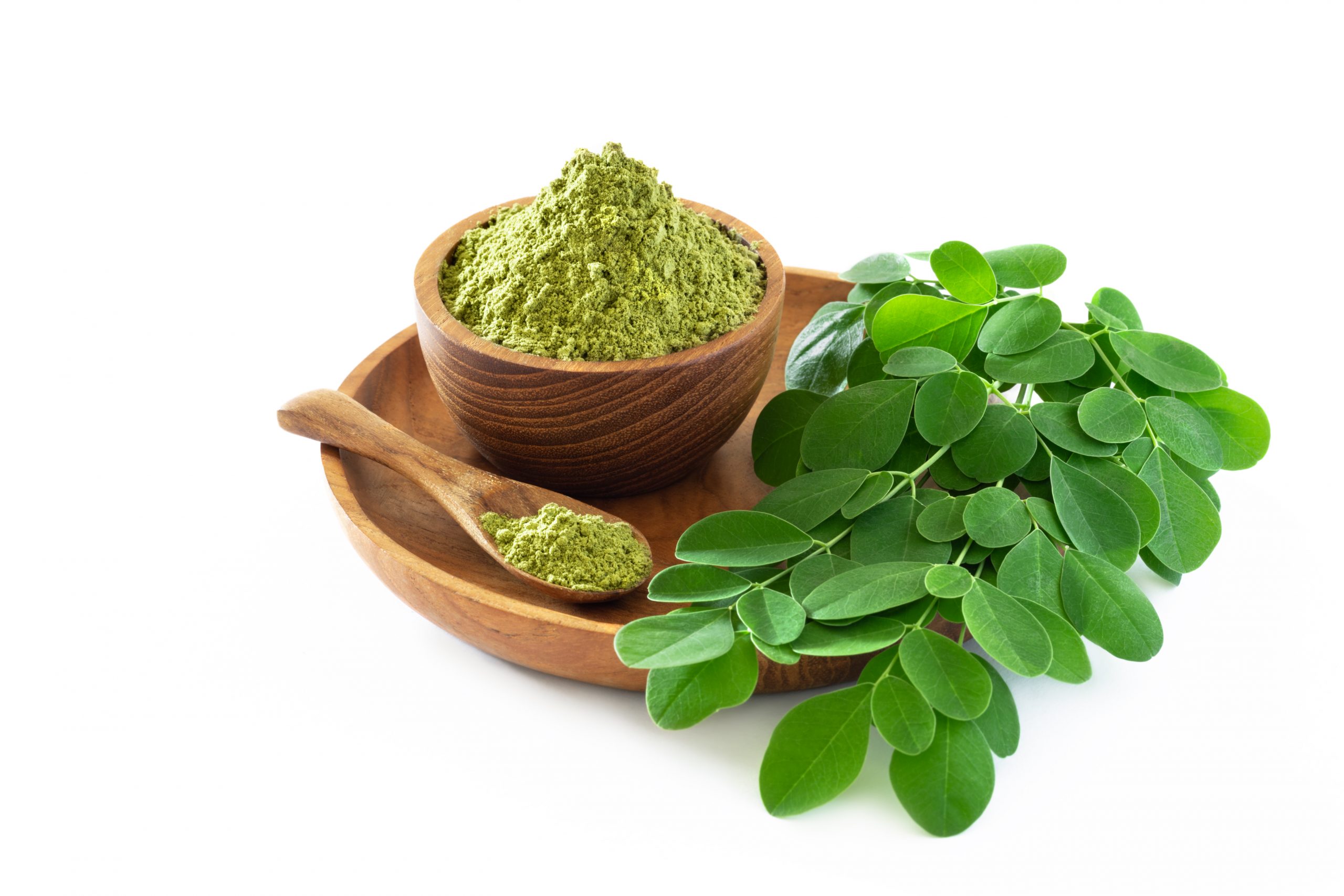 Moringa powder in wooden bowl with original fresh Moringa leaves