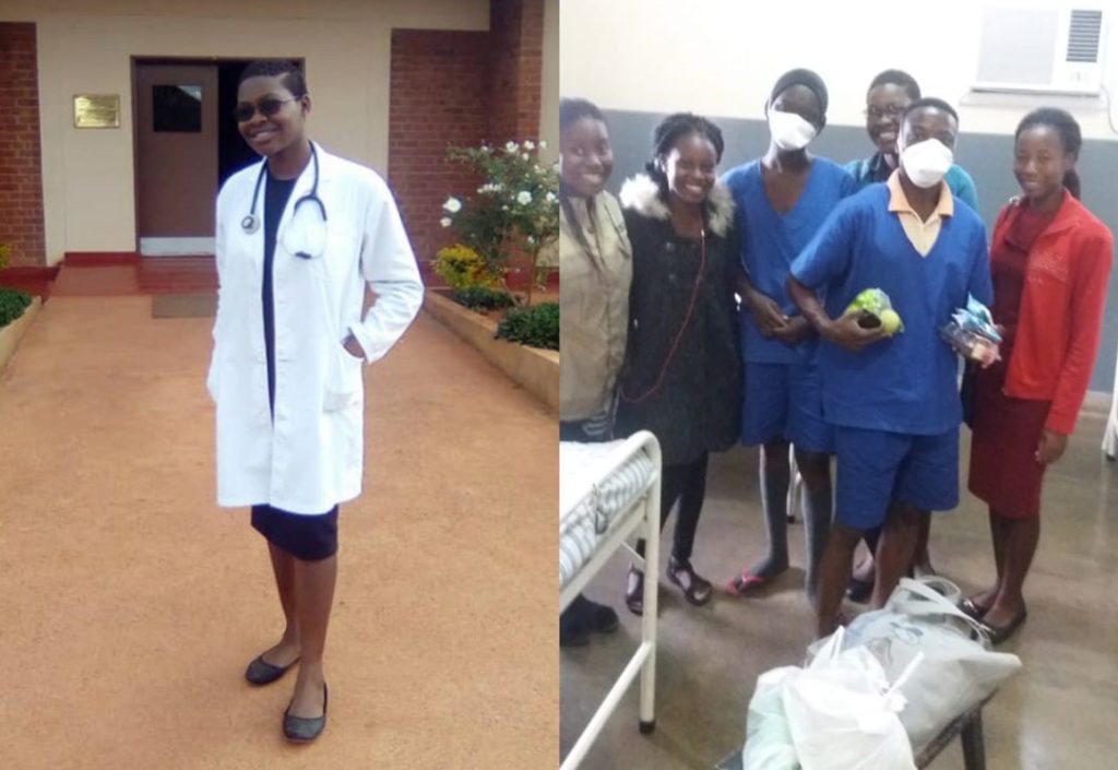 Tendai in her white coat (left) and visiting the hospital where she was treated for TB to distribute gifts (back row)