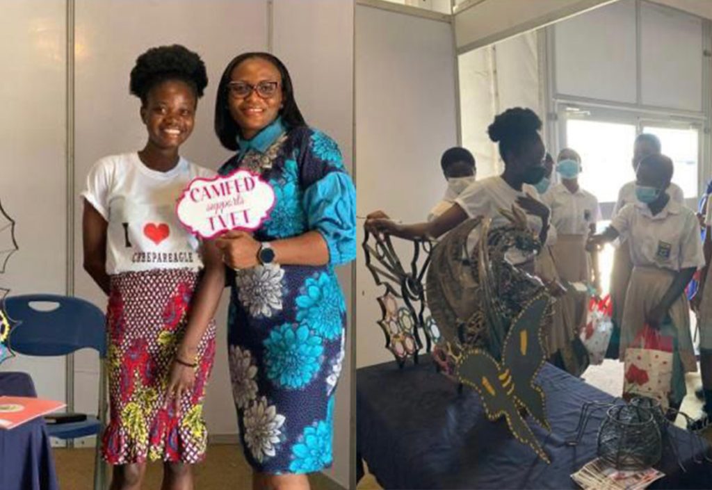 Visitors to Leticia's stand at the Women in TVET Conference included CAMFED's Sally Ofori-Yeboah and school students