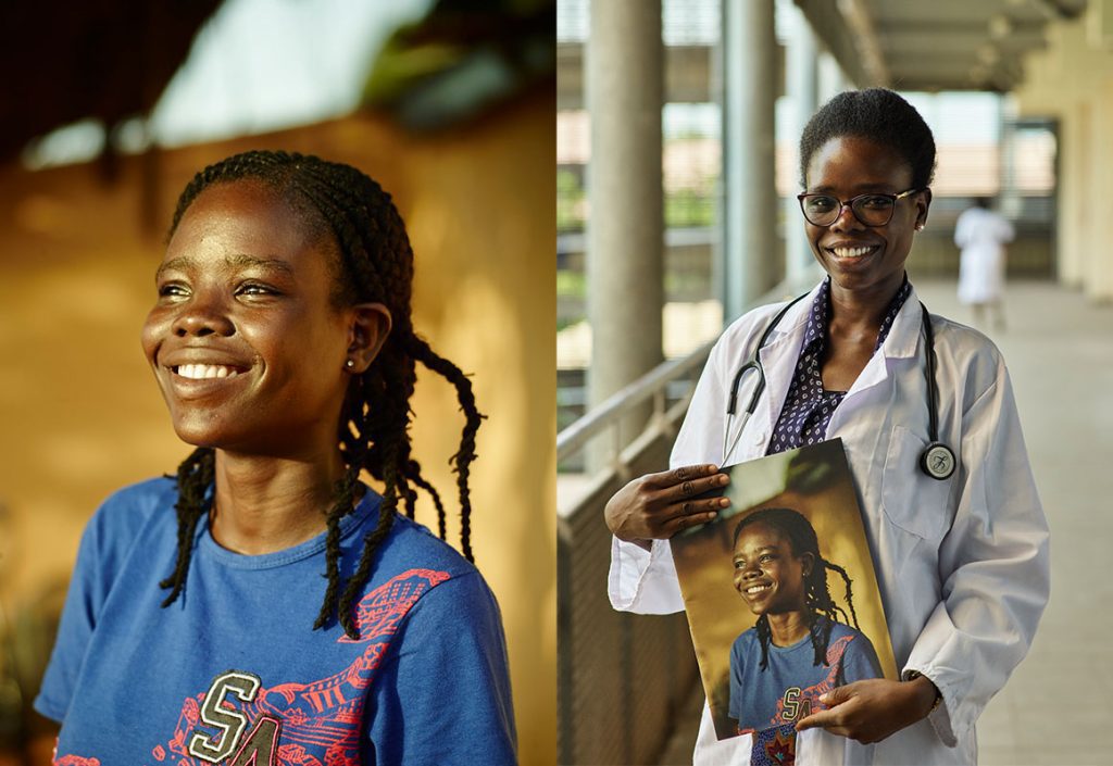 Bertha, on the left in 2014, and on the right in 2019, holding the earlier picture of herself