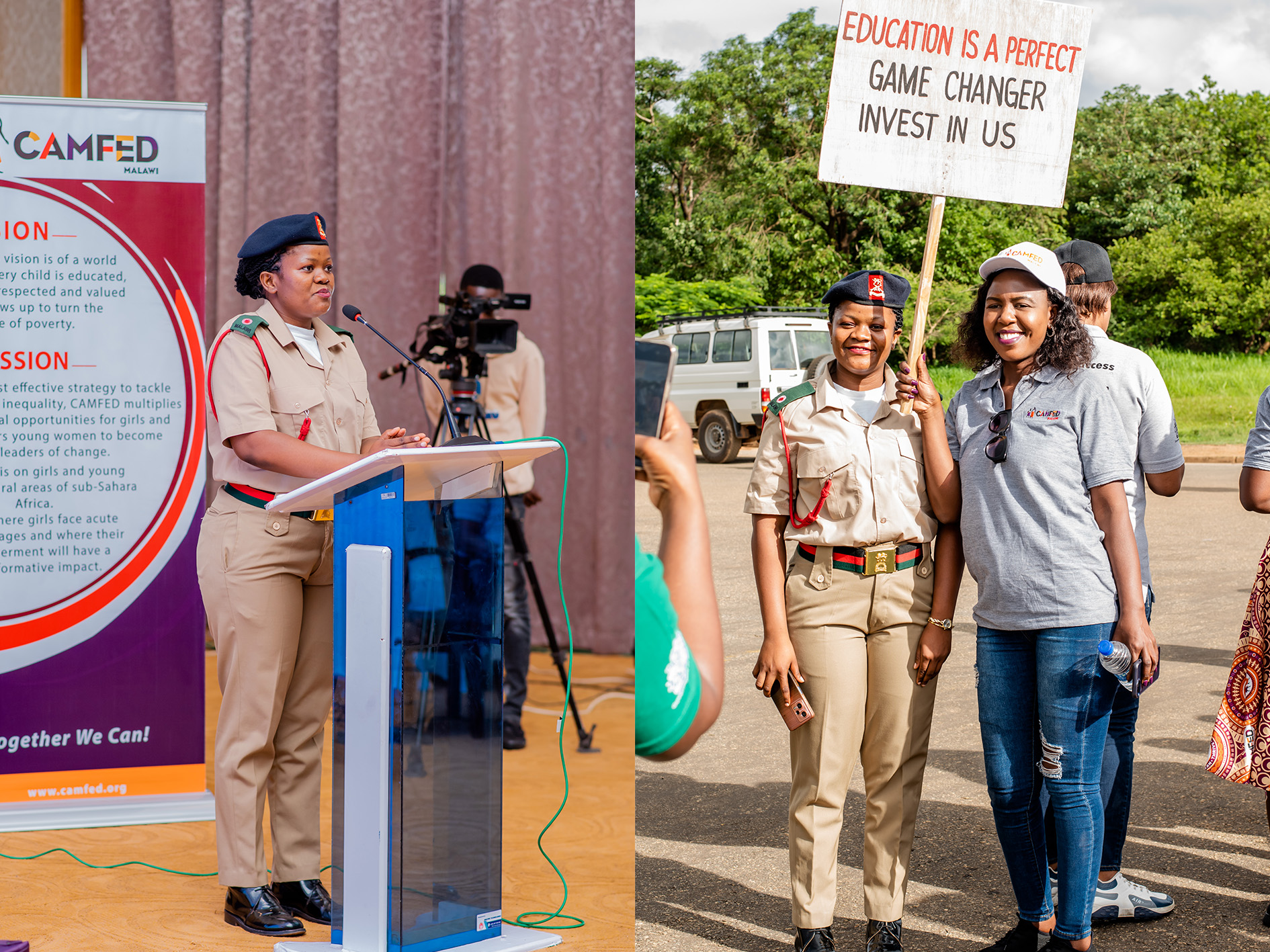 Side-by-side images of Racheal, a Malawian woman in military uniform. In the left image, she stands at a podium delivering a speech. In the right image, she stands outdoors beside another woman holding a placard reading, "Education is a perfect game changer. Invest in us."