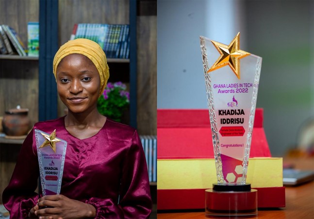Khadija, a CAMFED Association member and tech expert, holding an award for Best Female Data Analyst/Engineer.