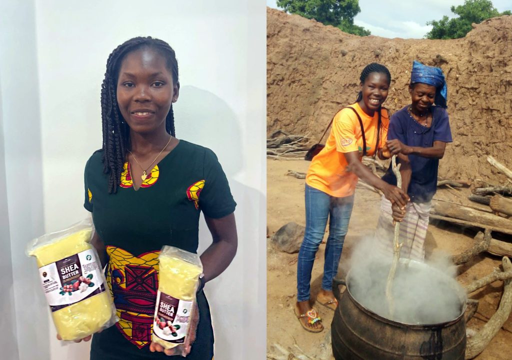 Two images side-by-side. On the left, Ghanaian entrepreneur Portia holds her finished shea butter products. On the right, Portia helps another woman stir the shea butter as it is heated in a large pot during processing.