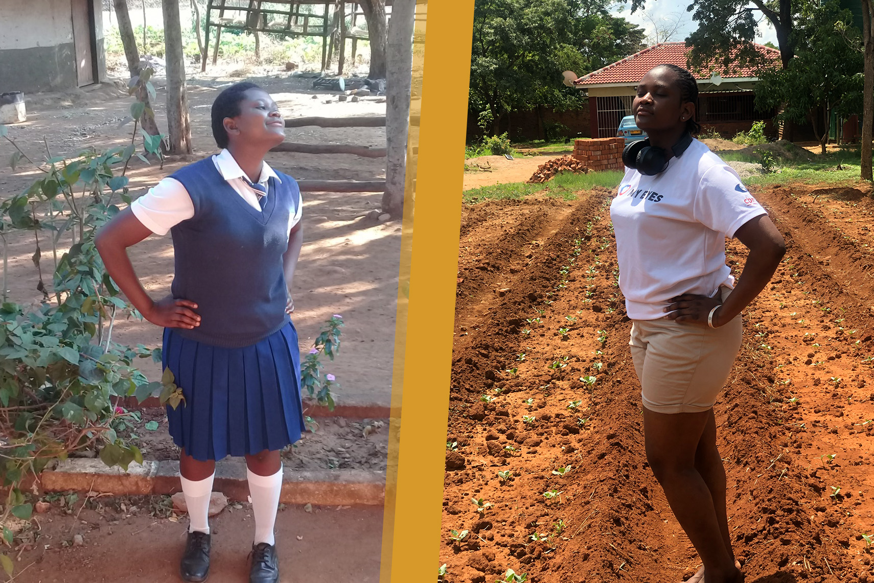 Side-by-side "now vs then" photos of Grace, a Zimbabwean woman. In the left photo, a younger Grace stands outside in a school uniform with hands on her hips, smiling and looking to the right. In the right photo, the present-day Grace stands in the same pose on her farm, wearing a T-shirt and shorts.