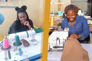 Two Zimbabwean women, Siziba (left) and Hlanjiwe, smiling as they sit at sewing machines, surrounded by sewing supplies.
