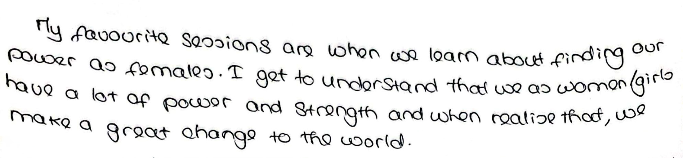 A handwritten quote by Zambian student, Hope, stating her favourite My Better World session is finding her power as a girl.
